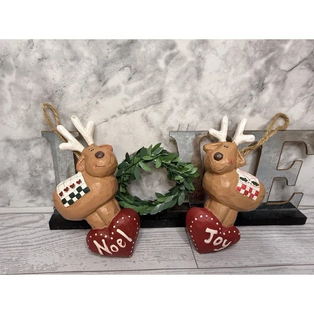 Vintage Midwest Eddie Walker Hanging Ornament Noel and Joy Reindeers Set‎ of Two